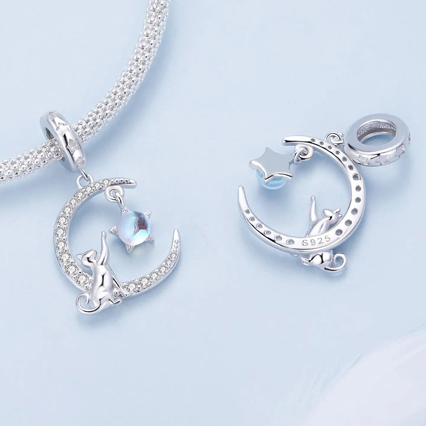 Charm Dije Plata 925 Gato en Luna y Estrella 3