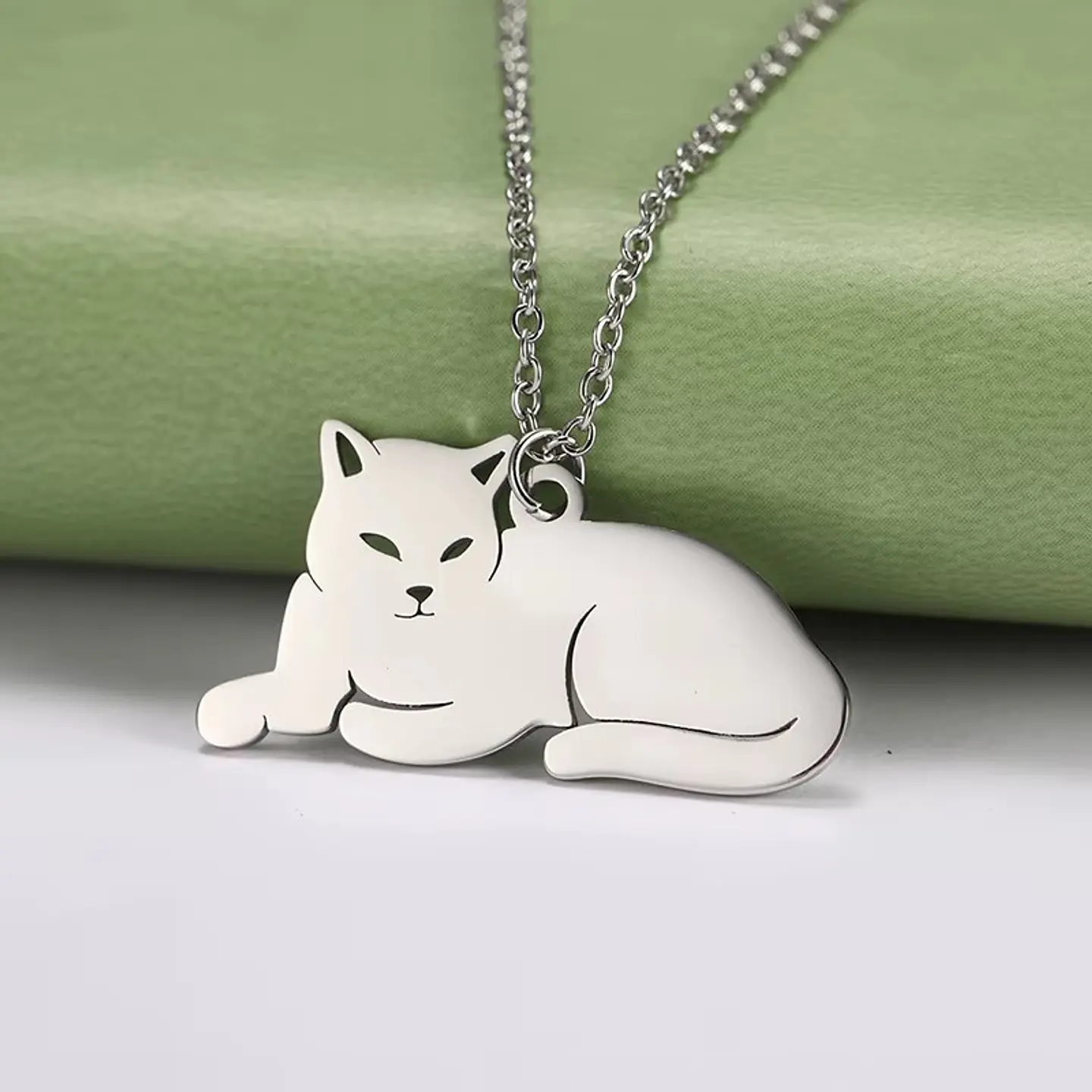 Collar Gato Acostado Gatito Acero Plateado 7