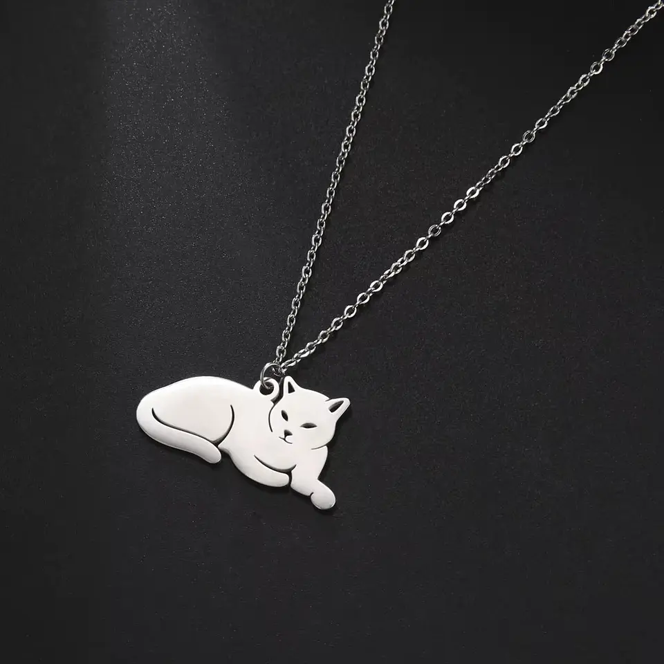 Collar Gato Acostado Gatito Acero Plateado 8