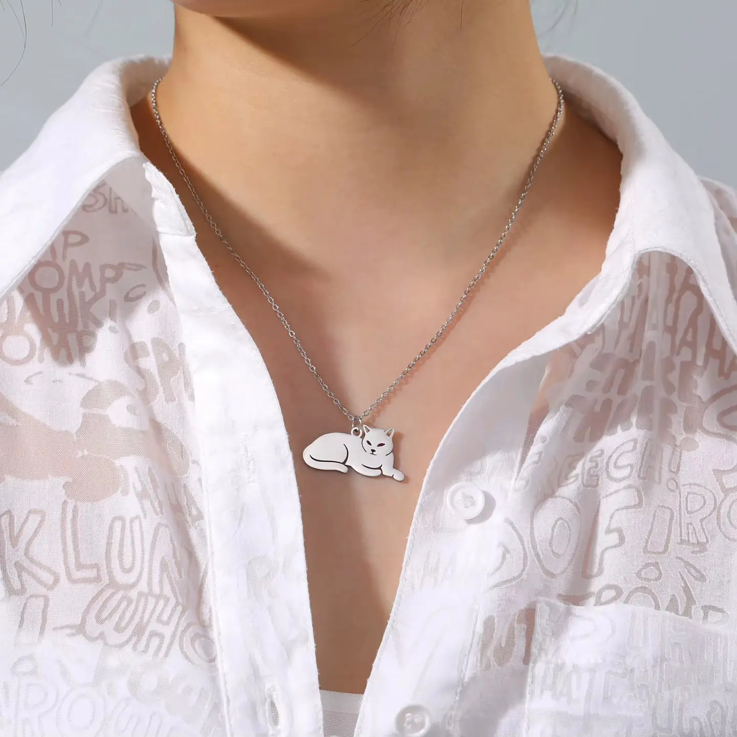Collar Gato Acostado Gatito Acero Plateado 9