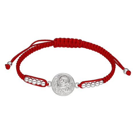 Pulsera Plata 925 San Benito Hilo Rojo Bolitas Trenzado