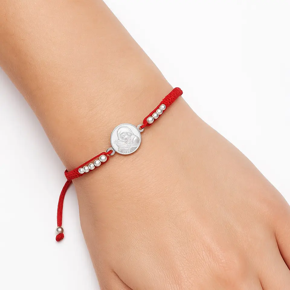 Pulsera Plata 925 San Benito Hilo Rojo Bolitas Trenzado 2