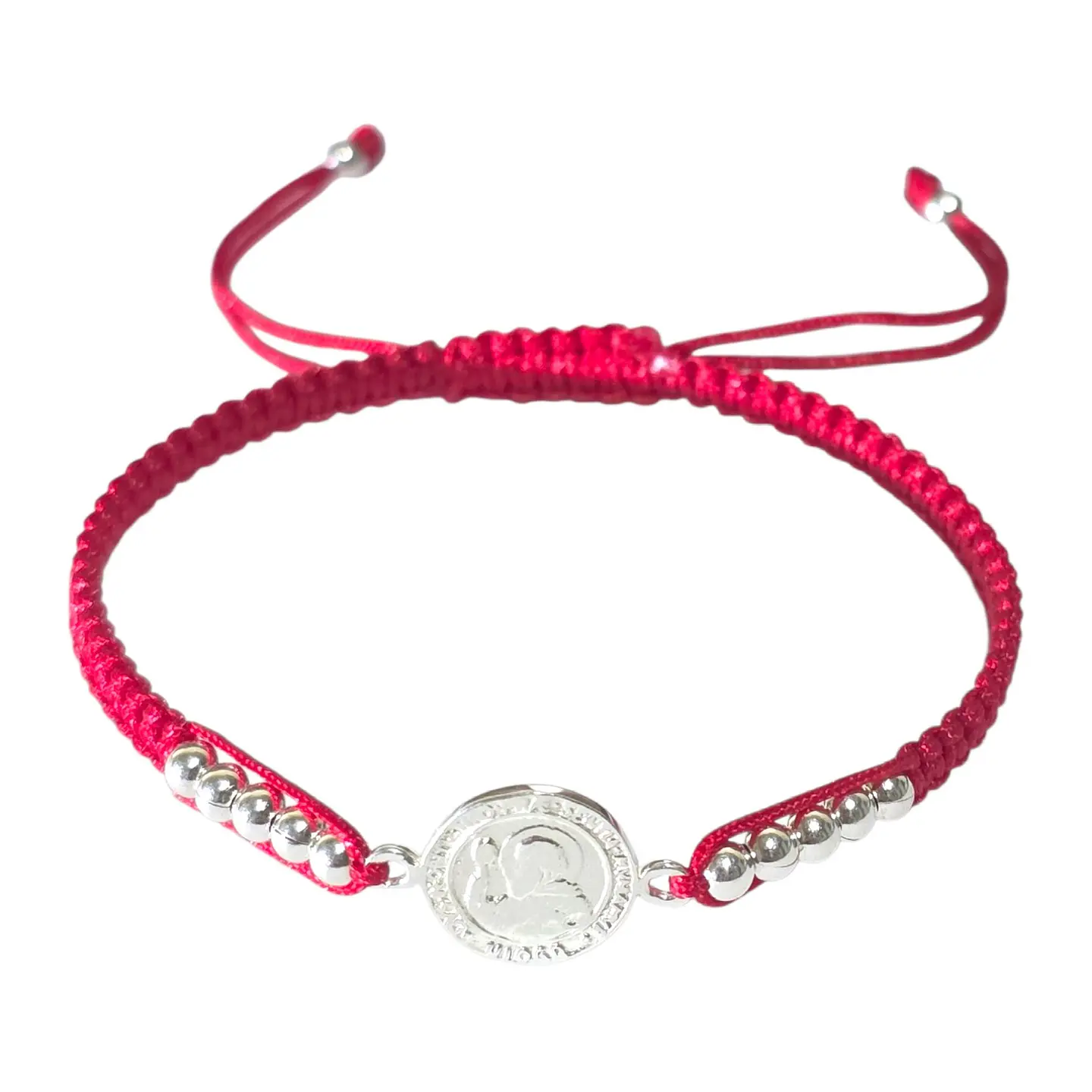 Pulsera Plata 925 San Benito Hilo Rojo Bolitas Trenzado 3