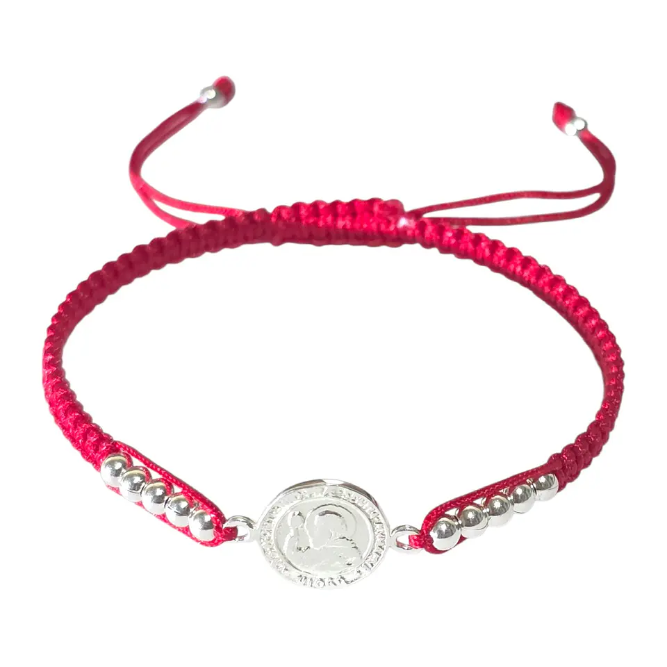 Pulsera Plata 925 San Benito Hilo Rojo Bolitas Trenzado 3