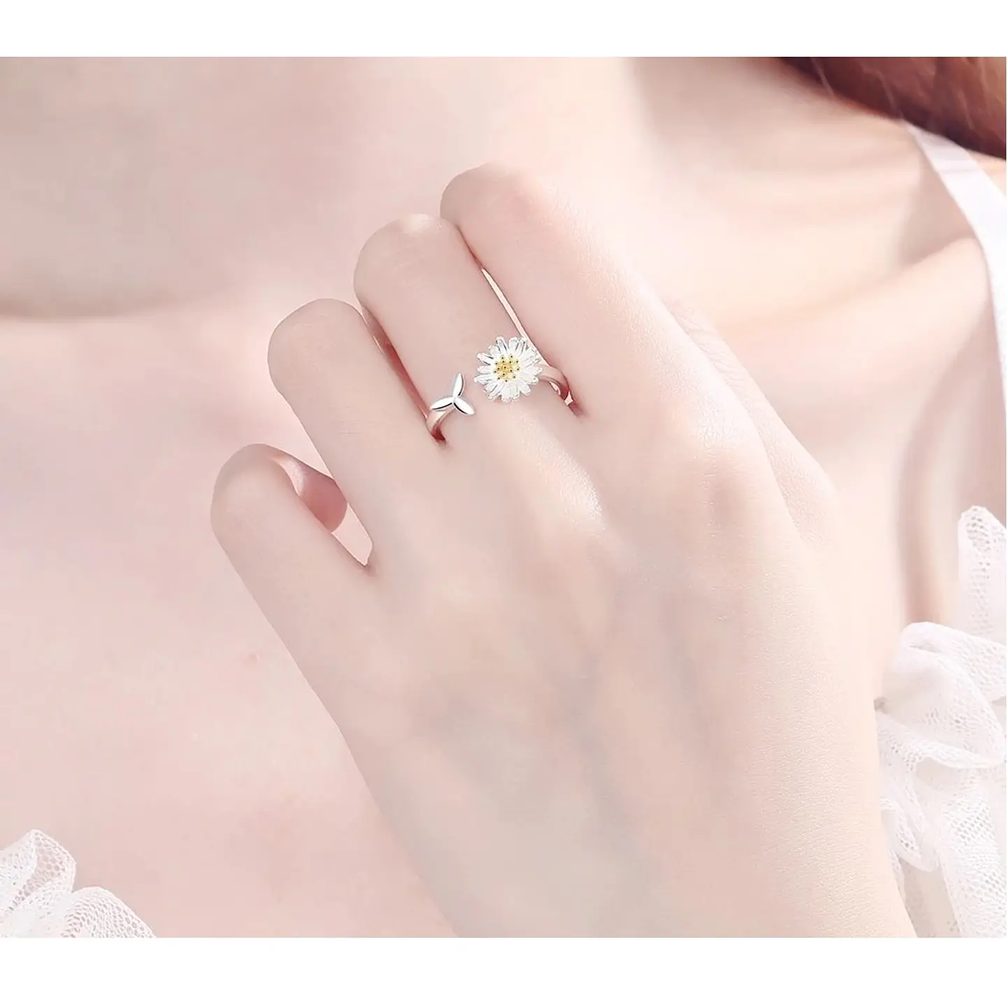 Anillo Flor Margarita Ajustable Plateado 4