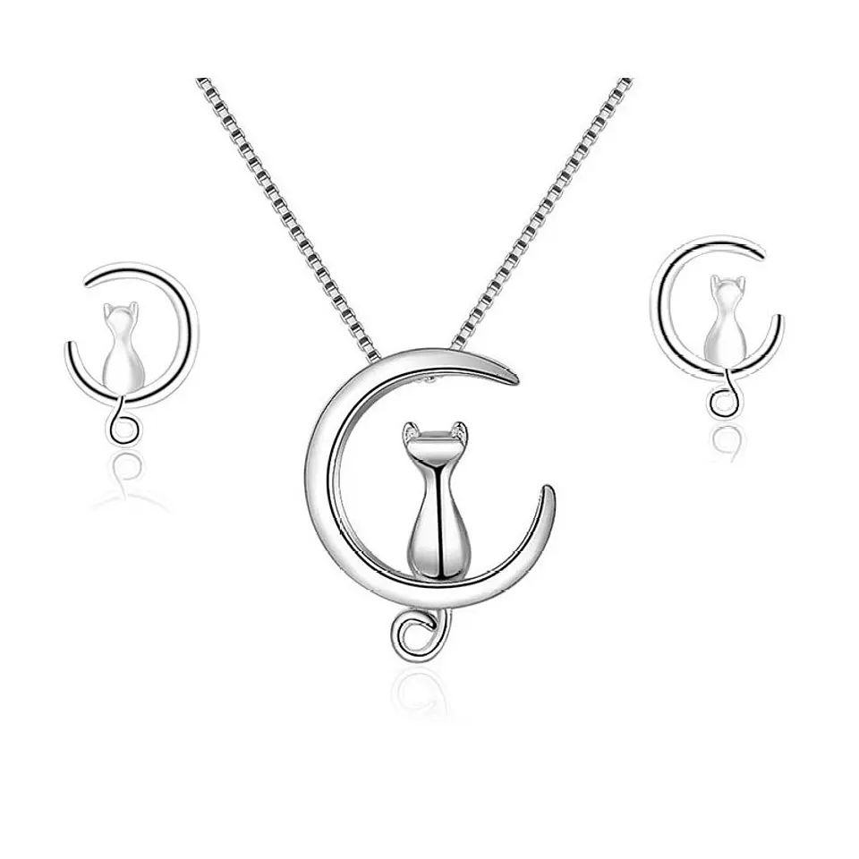 Conjunto Collar y Aros Gatitos en Luna Plateado 1