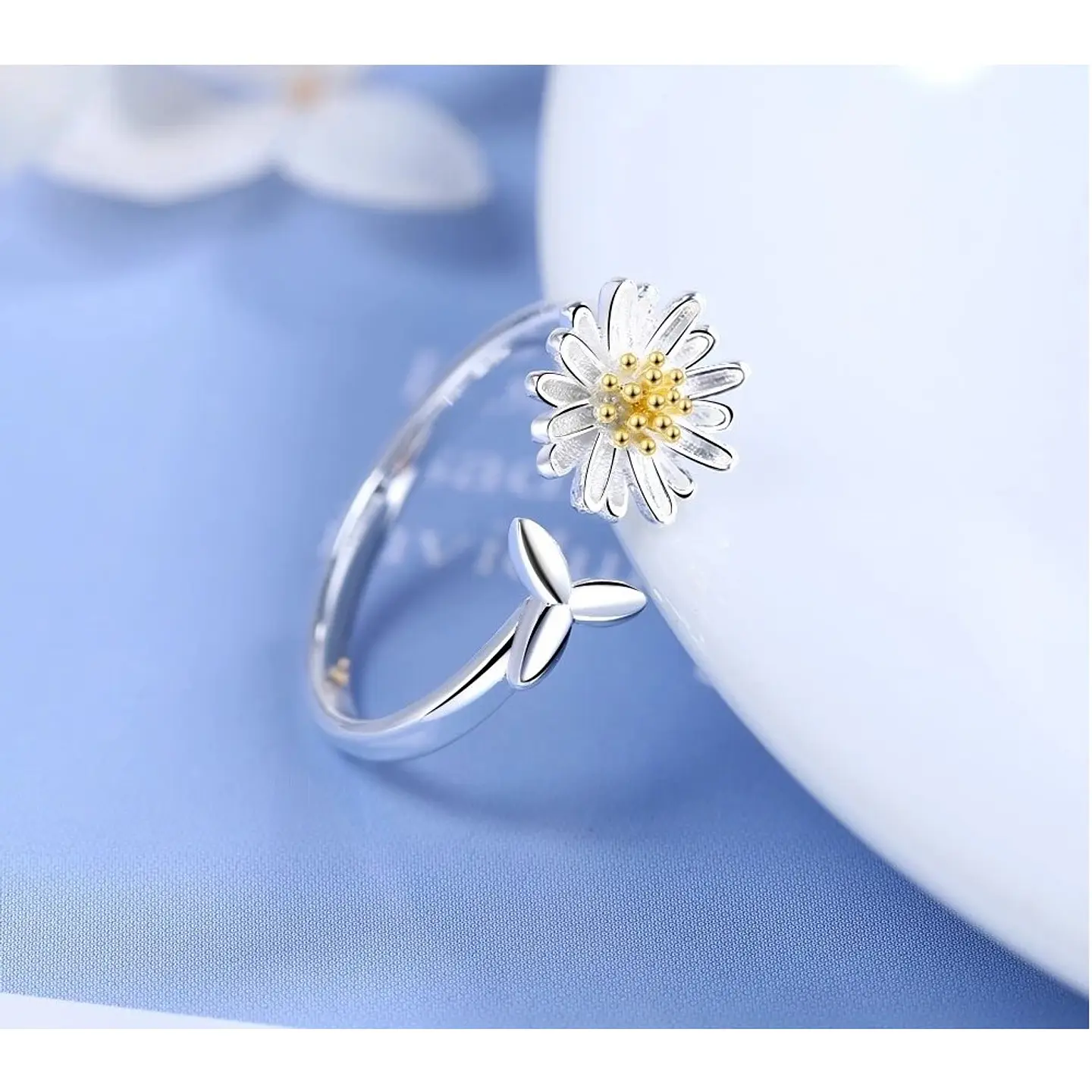 Anillo Flor Margarita Ajustable Plateado 5