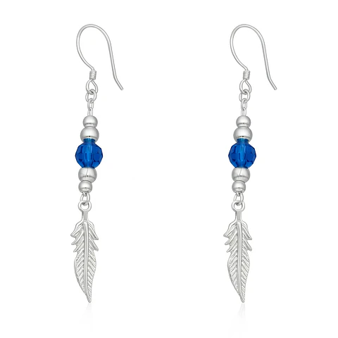 Aros Plata 925 Pluma y Cristal Azul Colgante