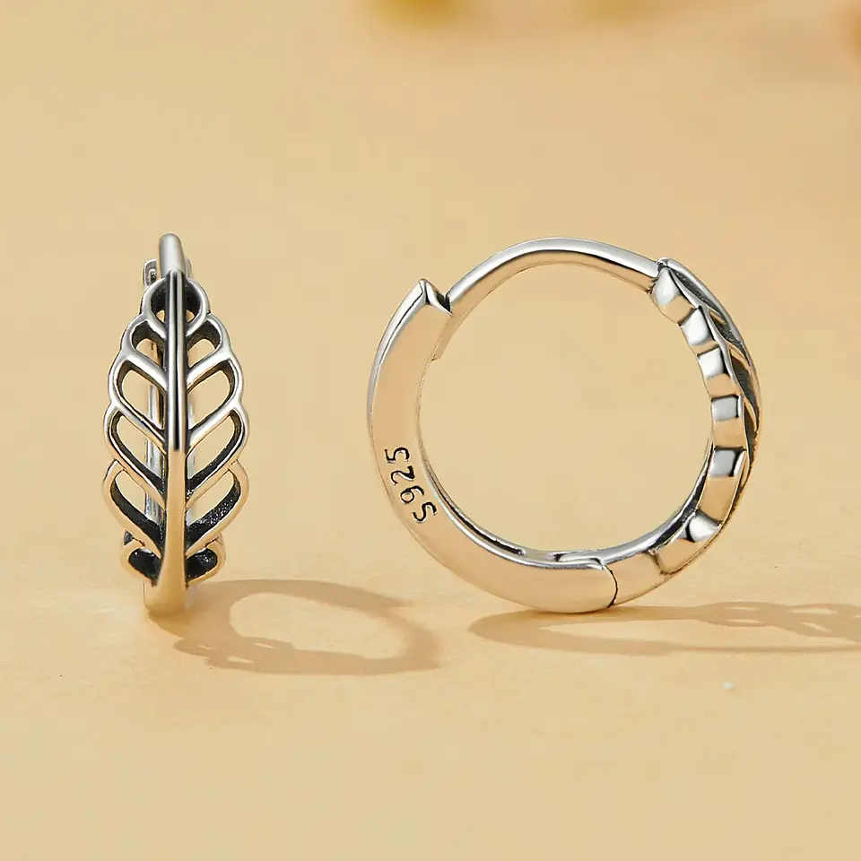Aros Plata 925 Argollas Huggie Hojas de Otoño 12mm 2