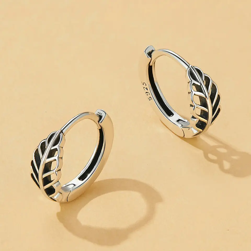 Aros Plata 925 Argollas Huggie Hojas de Otoño 12mm 4