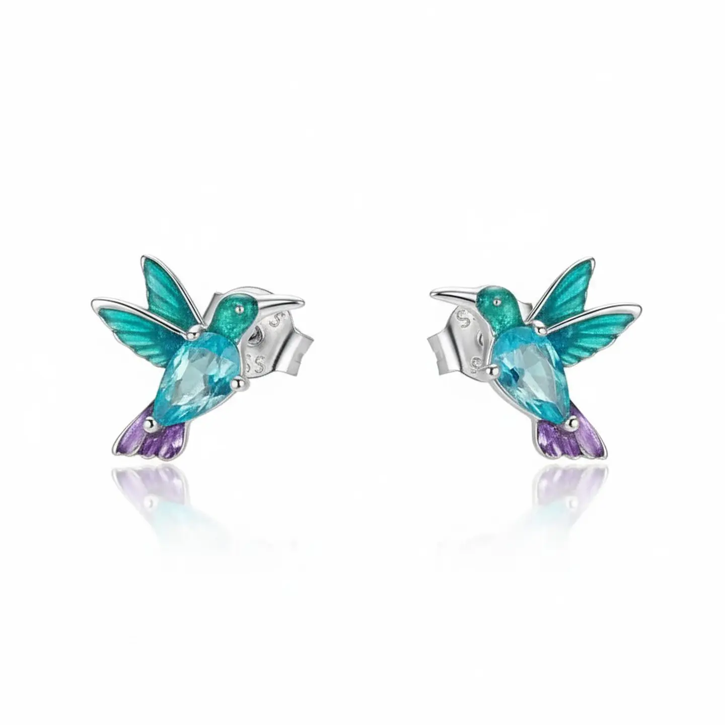 Aros Plata 925 Mini Colibrí Pájaro Multicolor 2