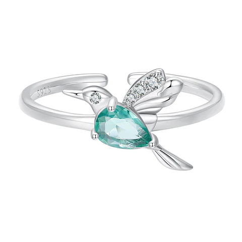 Anillo Plata 925 Colibrí Picaflor Ave Cristal Verde