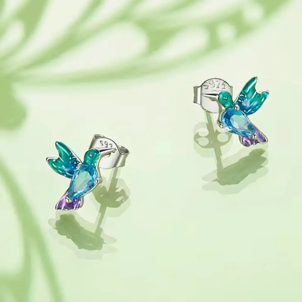 Aros Plata 925 Mini Colibrí Pájaro Multicolor 3