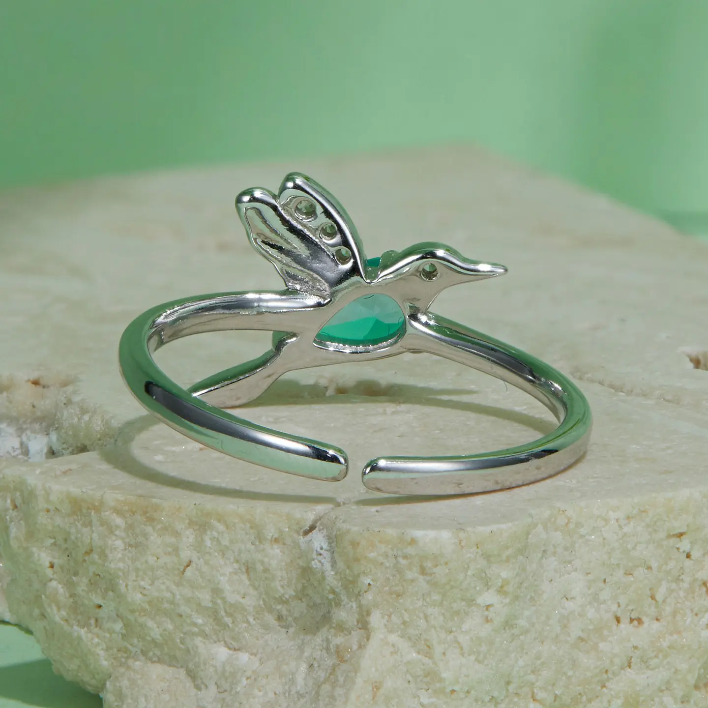 Anillo Plata 925 Colibrí Picaflor Ave Cristal Verde 2