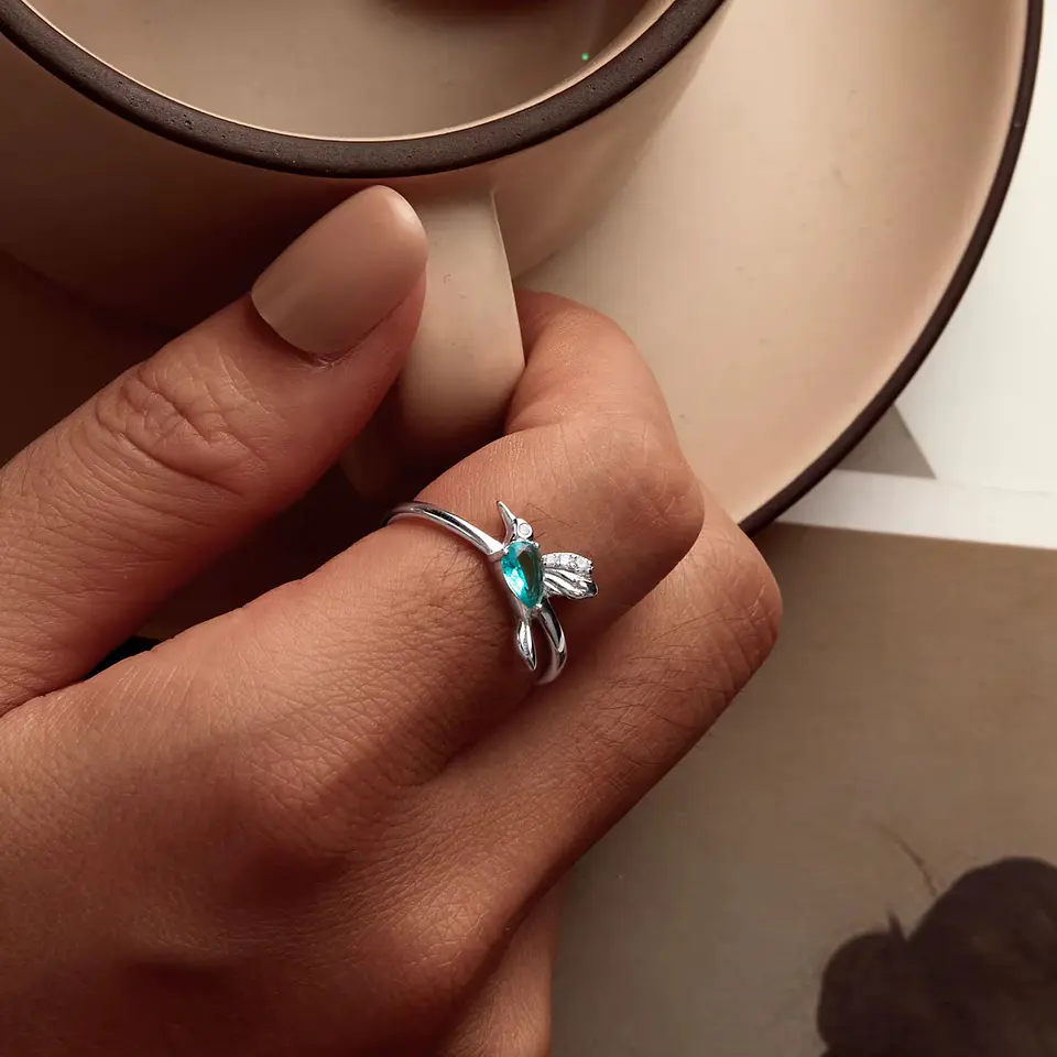 Anillo Plata 925 Colibrí Picaflor Ave Cristal Verde 5