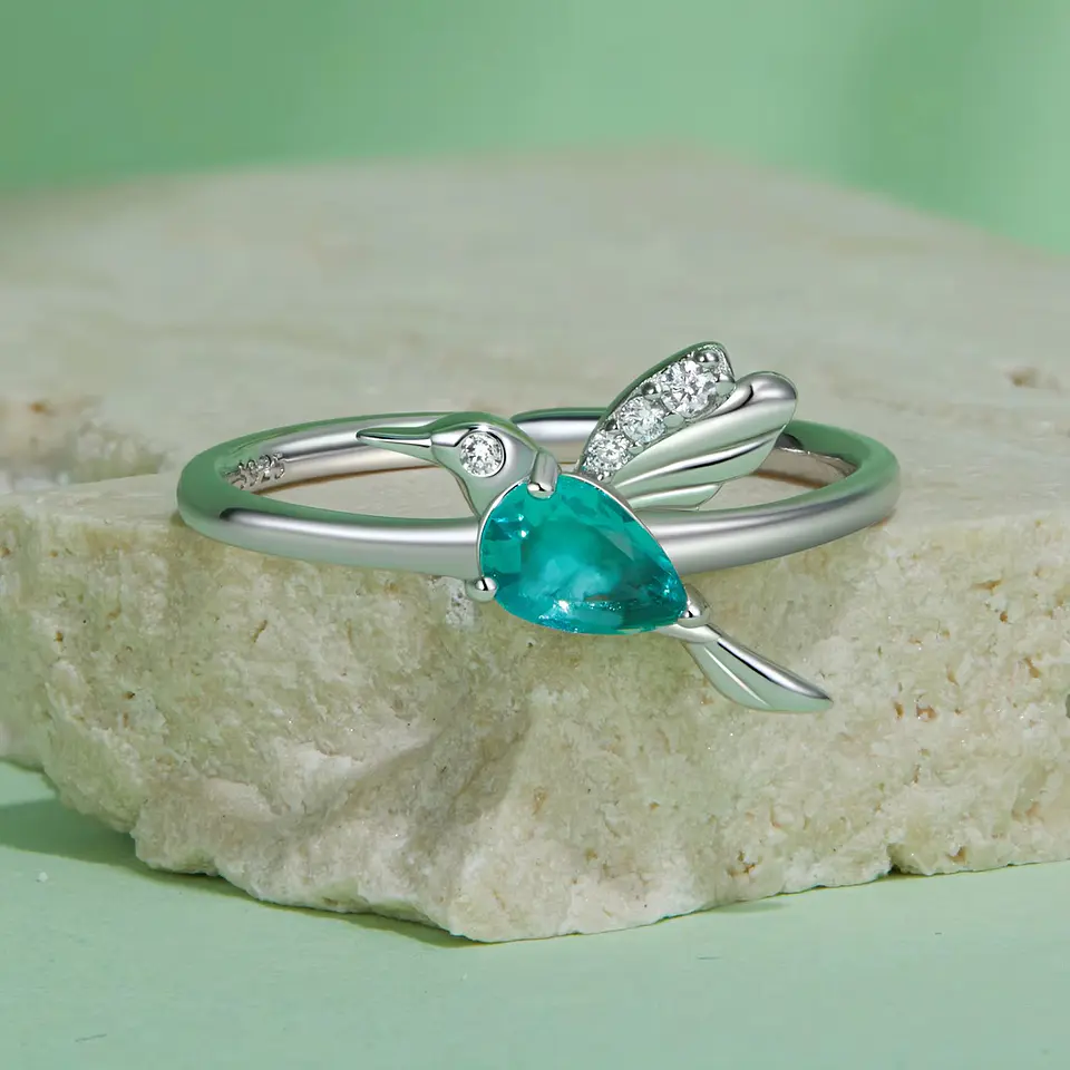 Anillo Plata 925 Colibrí Picaflor Ave Cristal Verde 7