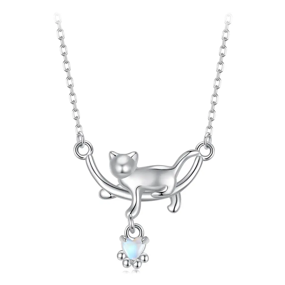 Collar Gato Plata 925 Gatito Jugando Corazon 1