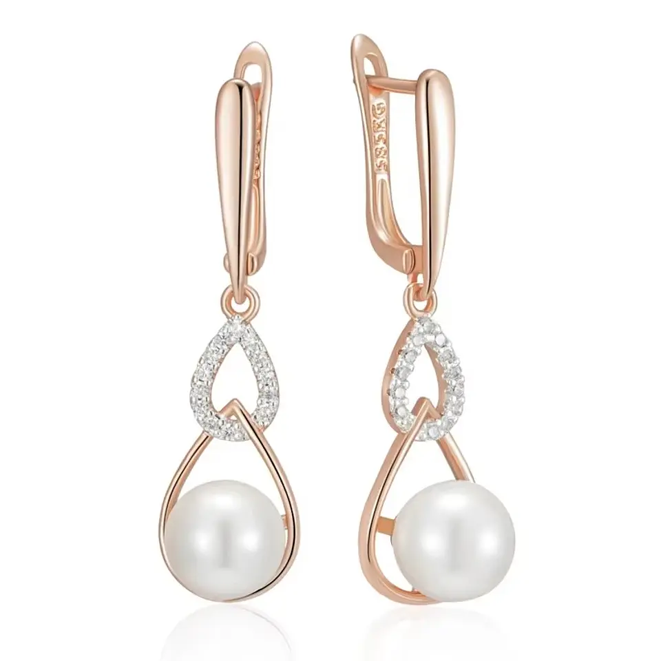 Aros Colgantes Perla y Cirones Dorado Rosa 1