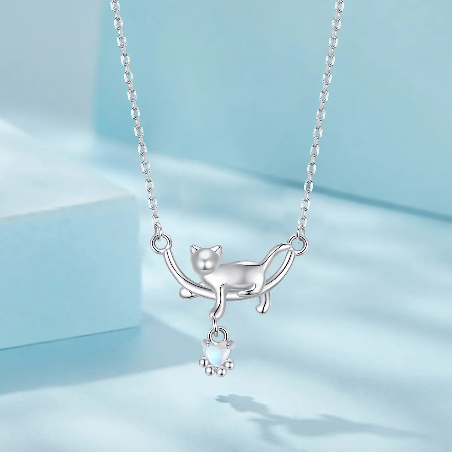Collar Gato Plata 925 Gatito Jugando Corazon 2