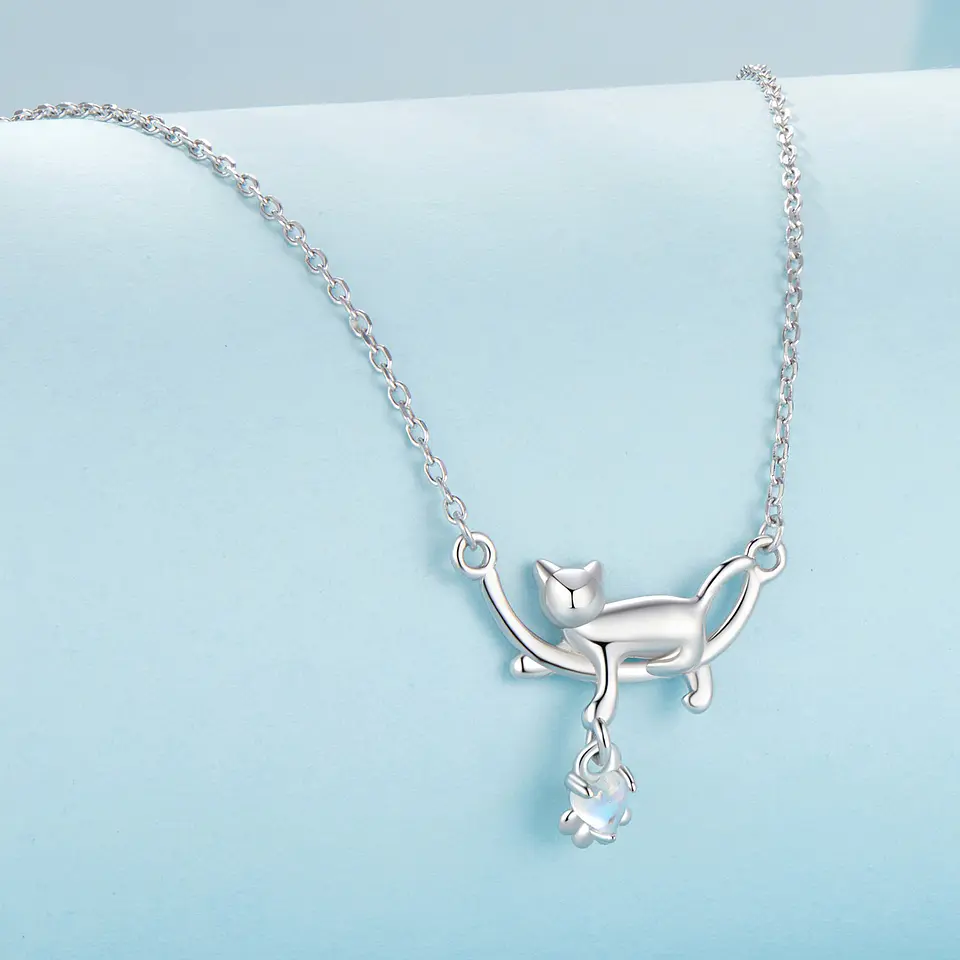 Collar Gato Plata 925 Gatito Jugando Corazon 3
