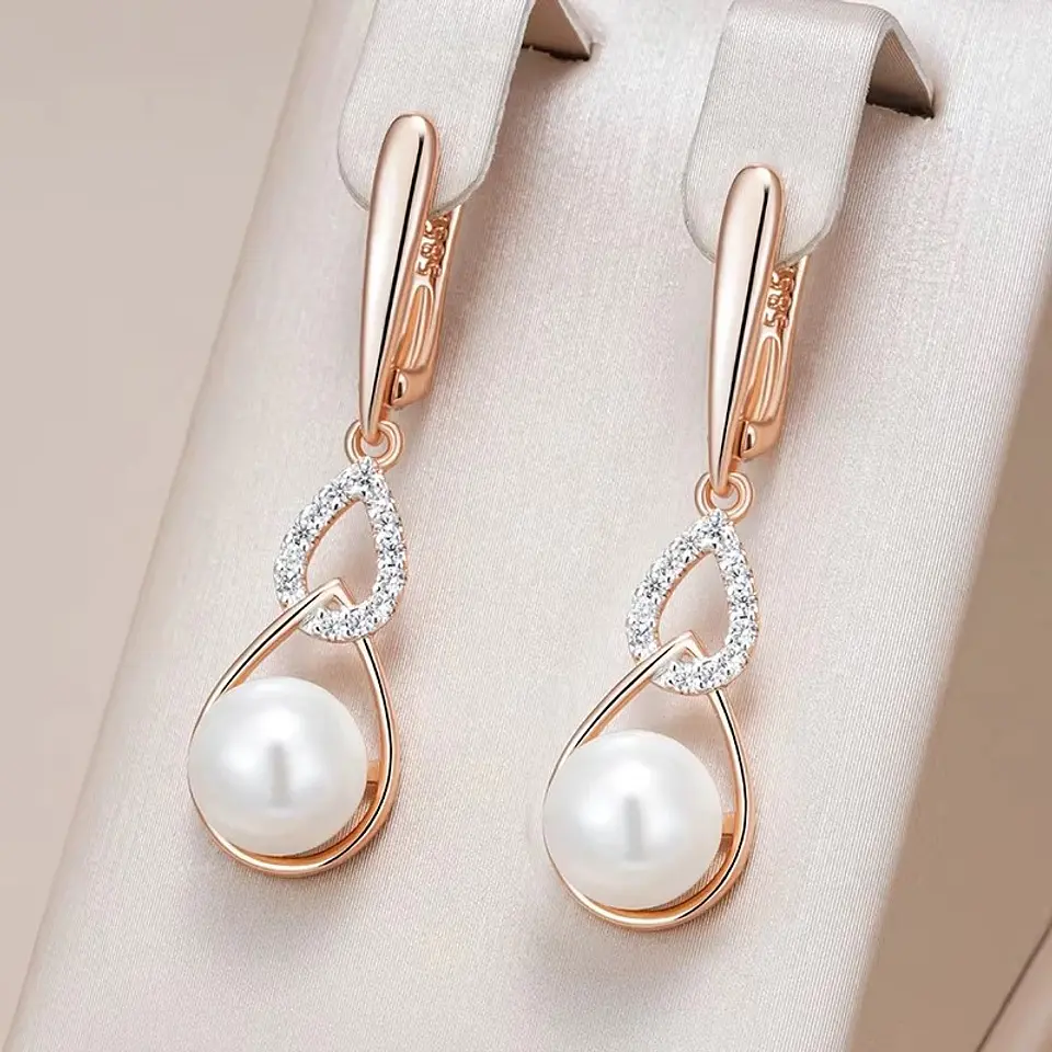 Aros Colgantes Perla y Cirones Dorado Rosa 5
