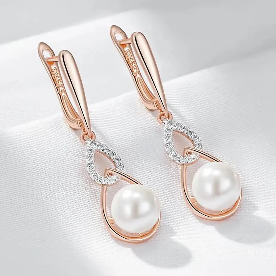 Aros Colgantes Perla y Cirones Dorado Rosa 6