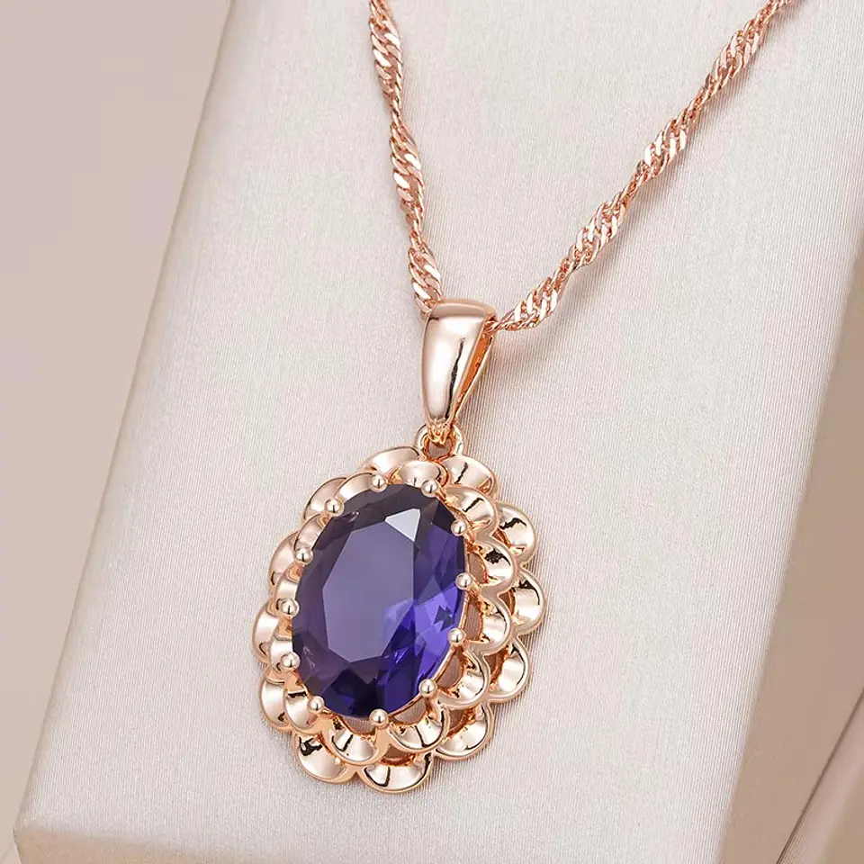 Collar Cristal Purpura Ovalado Dorado Rosa 7