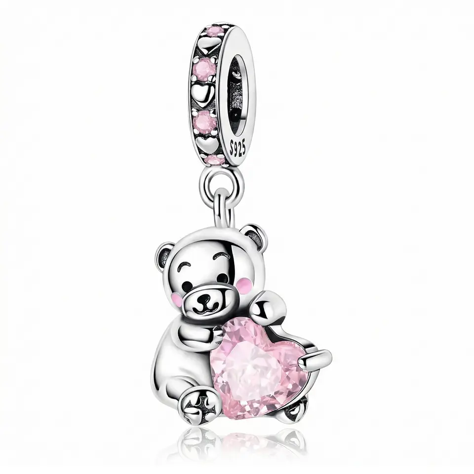Charm Plata 925 Osito Con Corazón Cristal Rosado 1