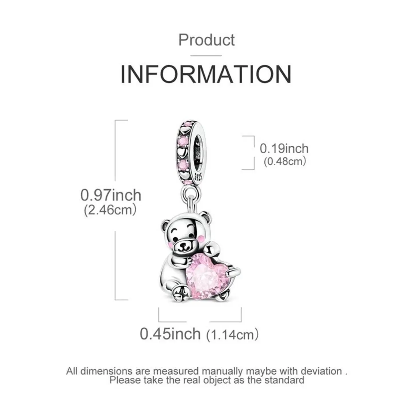 Charm Plata 925 Osito Con Corazón Cristal Rosado 2