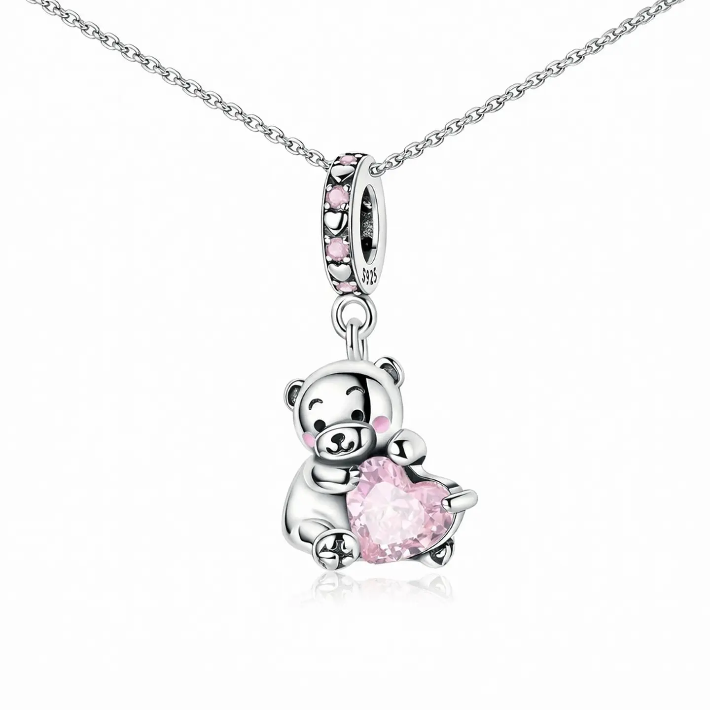 Charm Plata 925 Osito Con Corazón Cristal Rosado 3