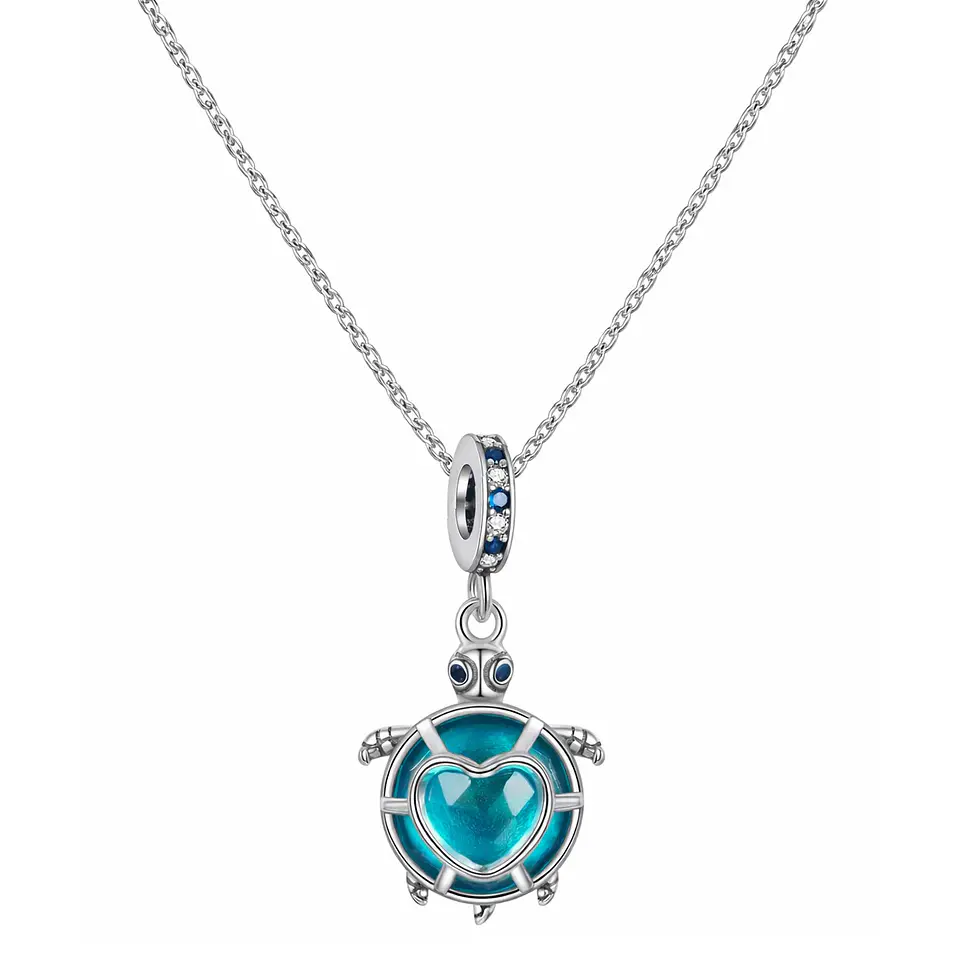 Charm Dije Colgante Plata 925 Tortuga Azul Corazón 3