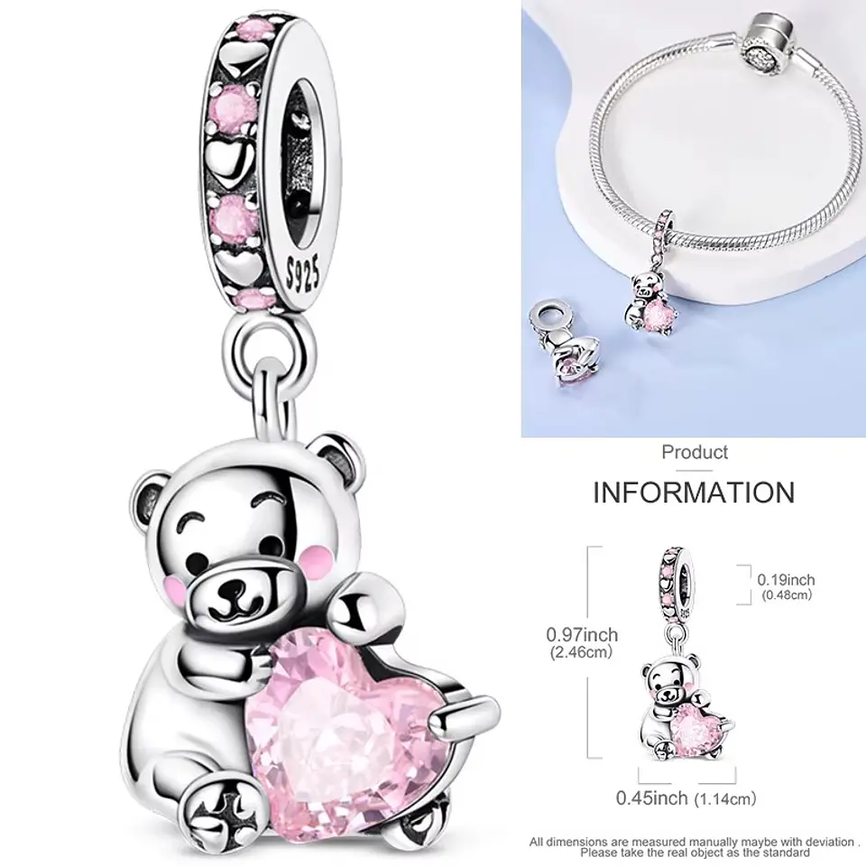 Charm Plata 925 Osito Con Corazón Cristal Rosado 4