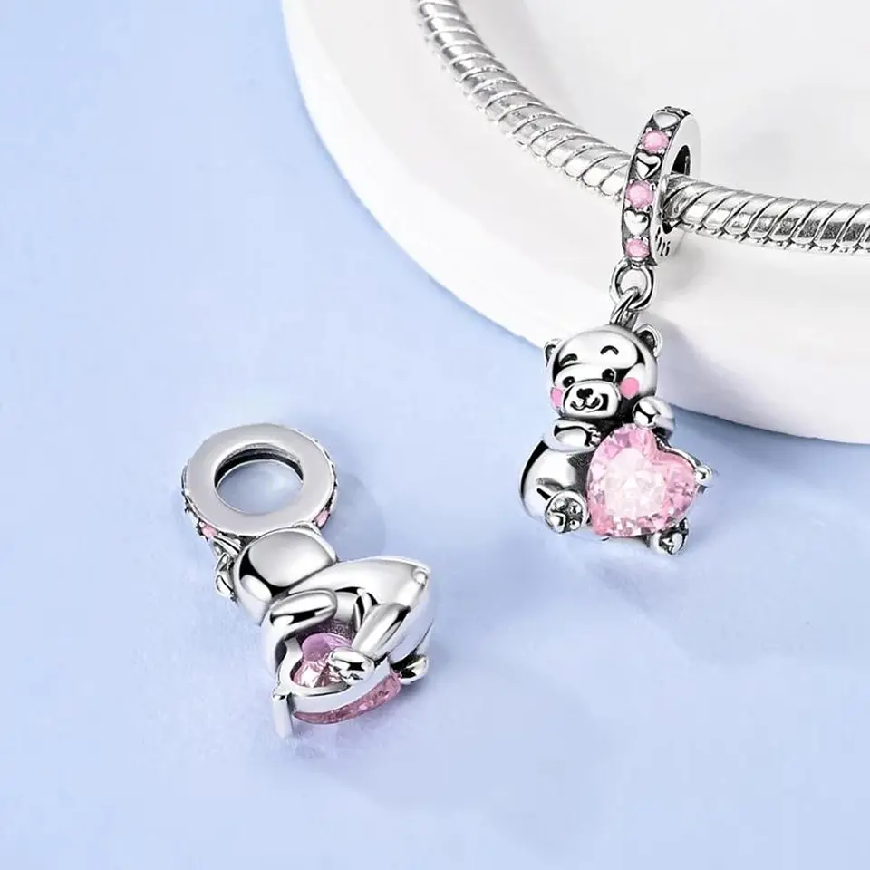 Charm Plata 925 Osito Con Corazón Cristal Rosado 6