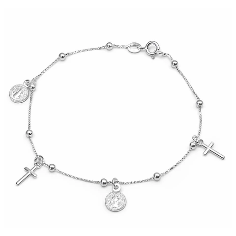 Pulsera Plata 925 San Benito Medallas y Cruz