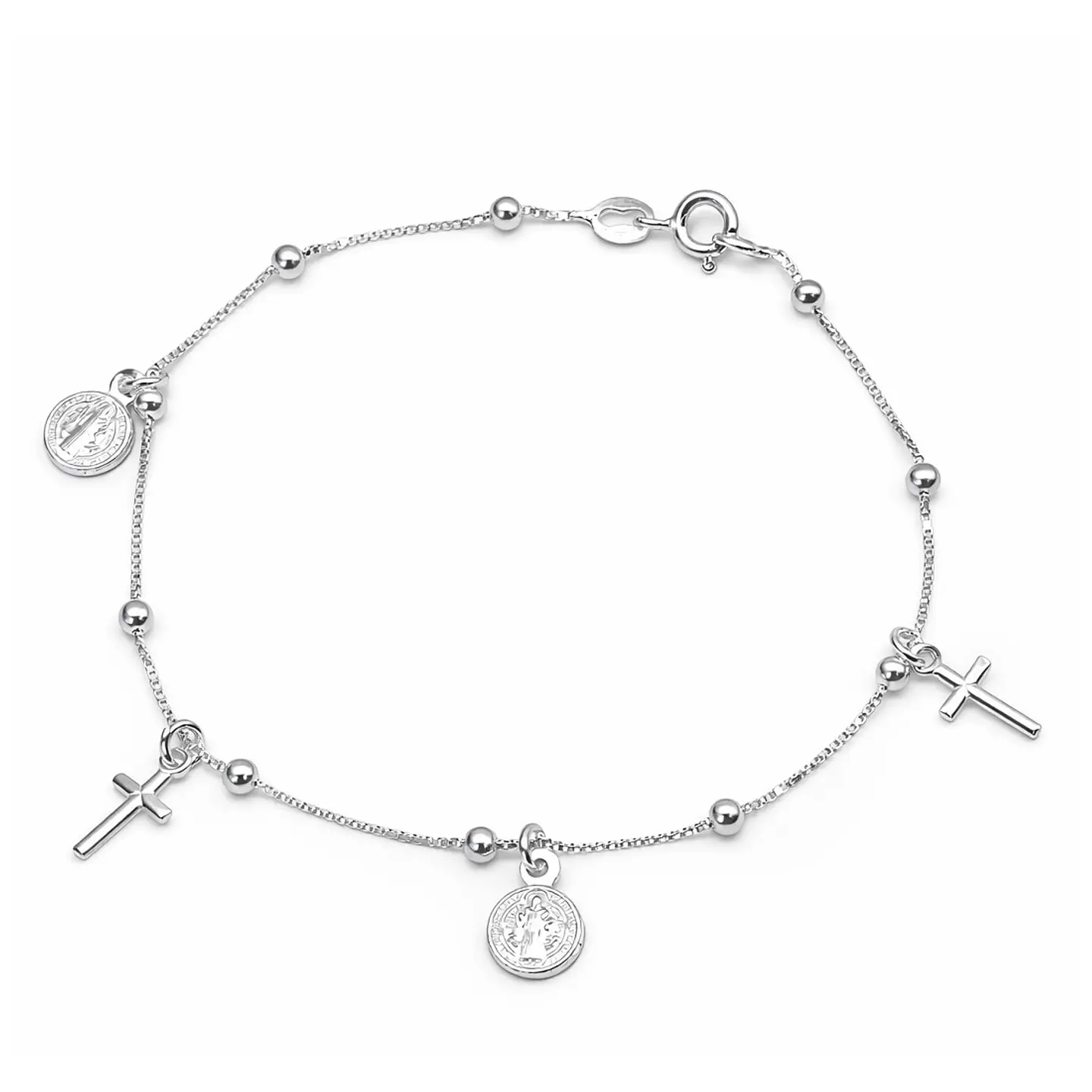 Pulsera Plata 925 San Benito Medallas y Cruz 1