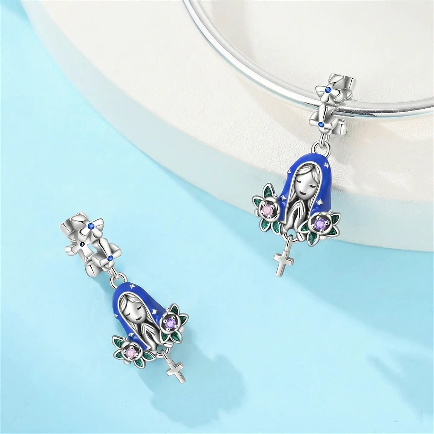 Charm Dije Plata 925 Virgen María Flor de Loto 3