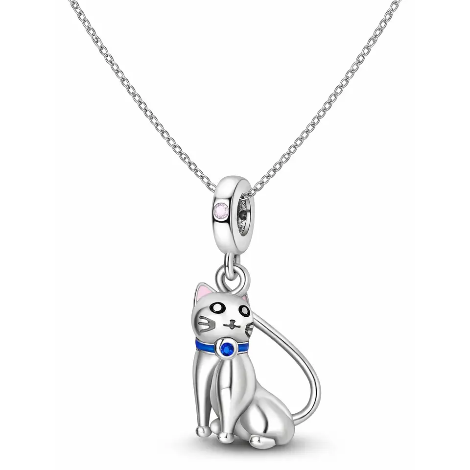 Charm Dije Plata 925 Gato Sentado Collar Azul 2