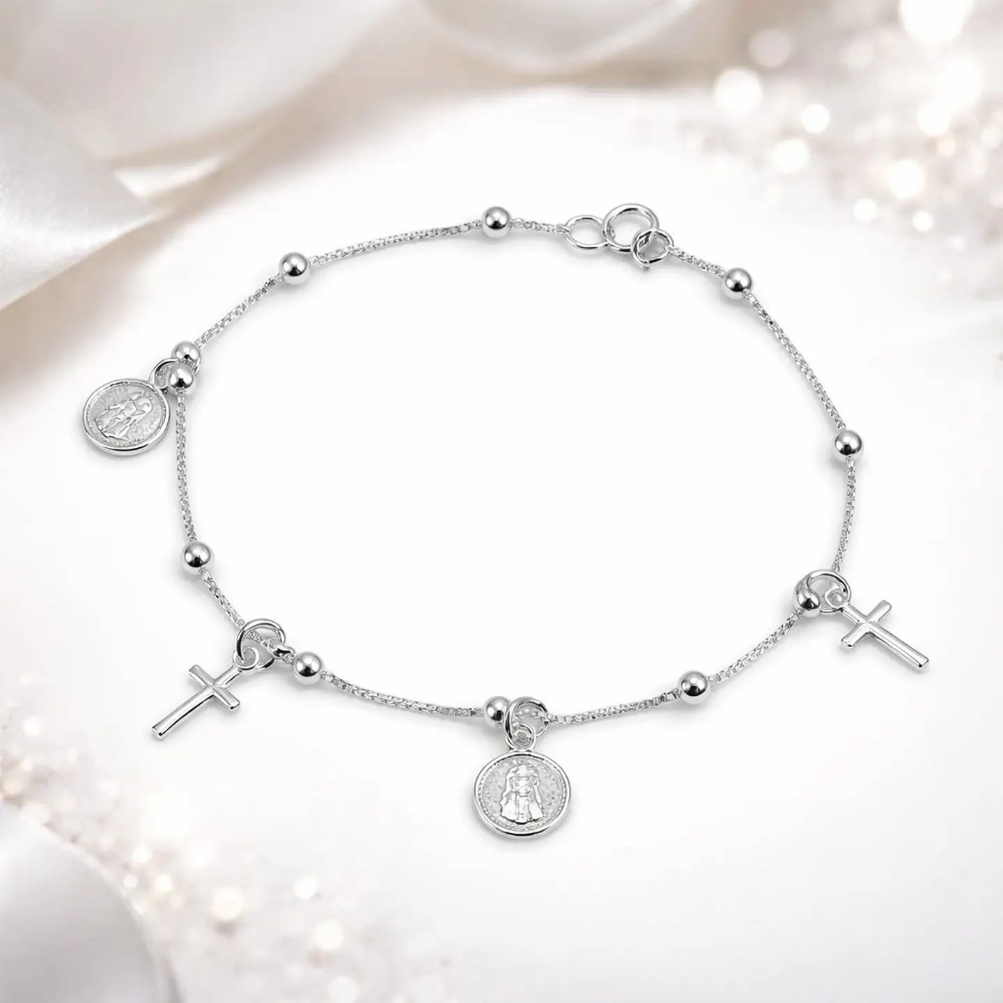 Pulsera Plata 925 San Benito Medallas y Cruz 4