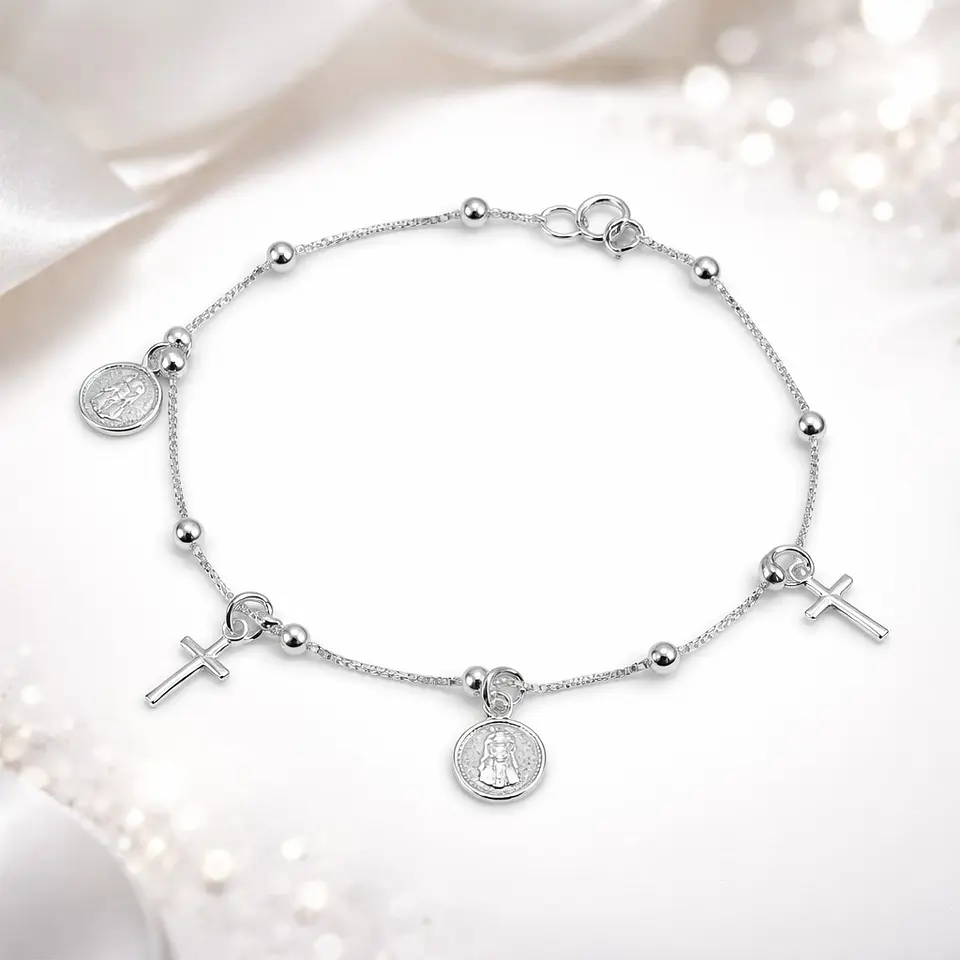 Pulsera Plata 925 San Benito Medallas y Cruz 4
