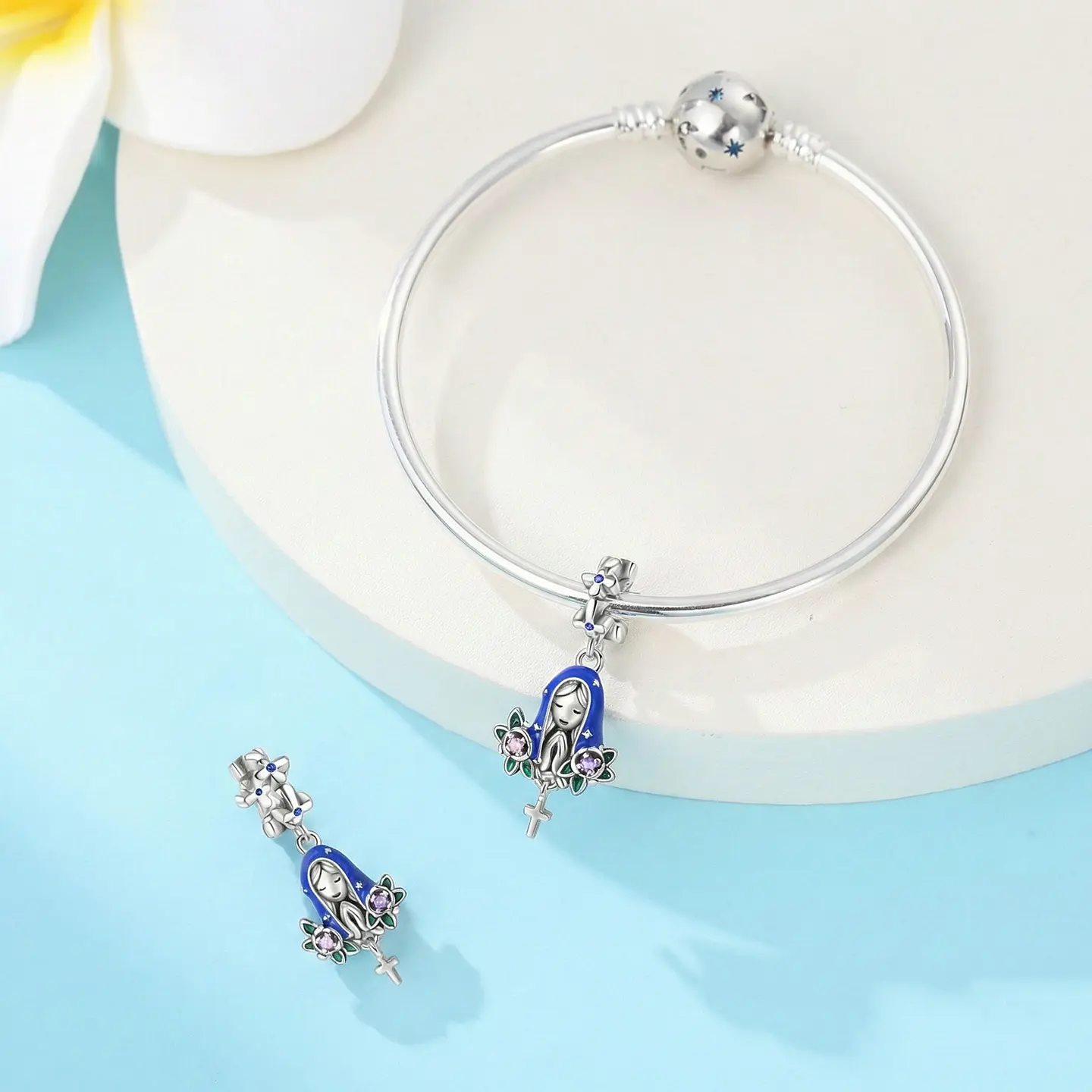 Charm Dije Plata 925 Virgen María Flor de Loto 4