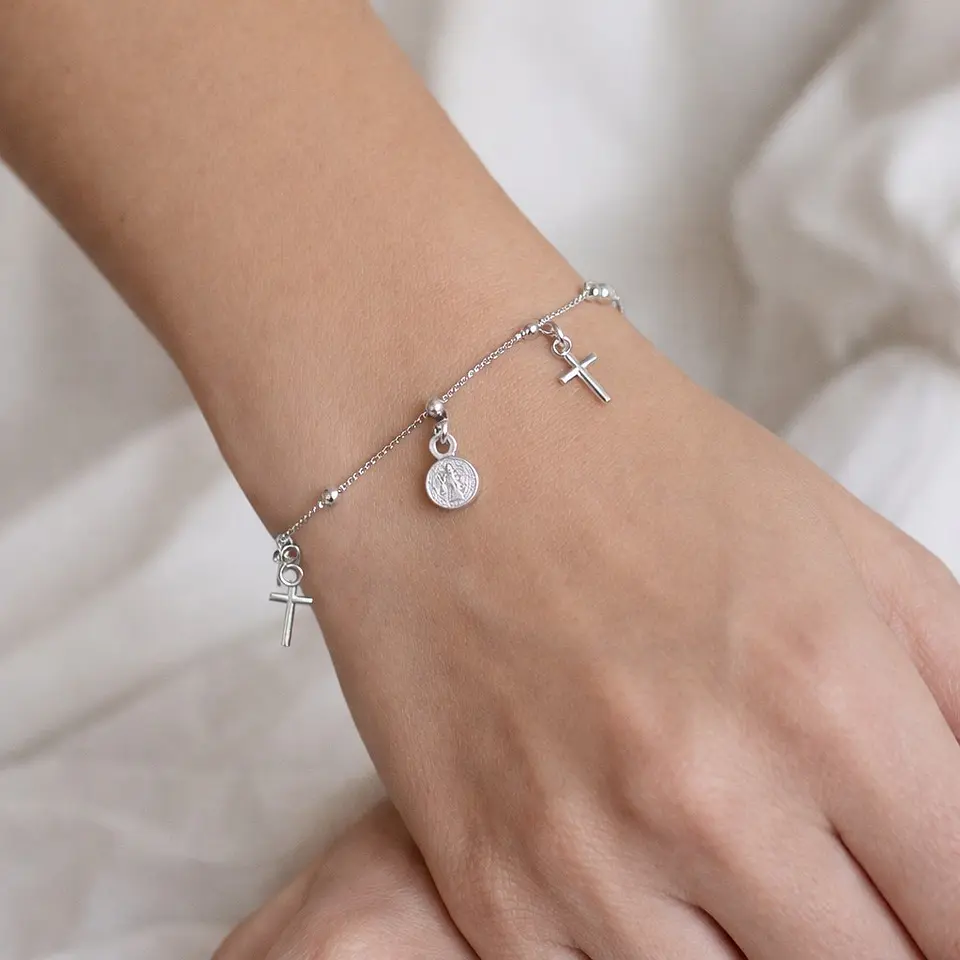 Pulsera Plata 925 San Benito Medallas y Cruz 5