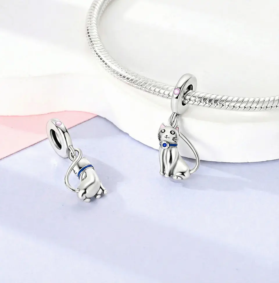 Charm Dije Plata 925 Gato Sentado Collar Azul 4