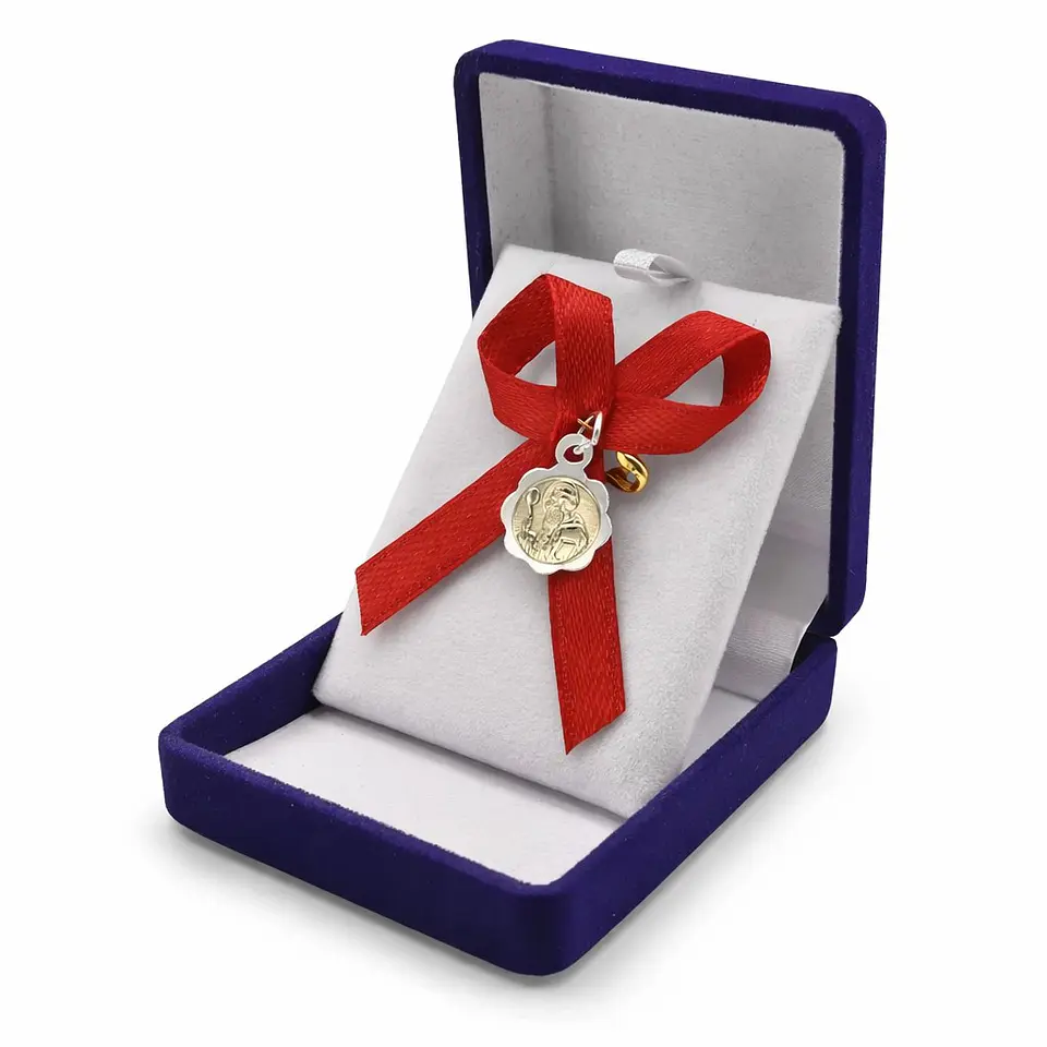 Medalla Plata 925 Con Oro San Benito Bebe Cinta Roja  1