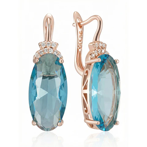 Aros Colgantes Cristal Azul y Circones Dorado Rosa