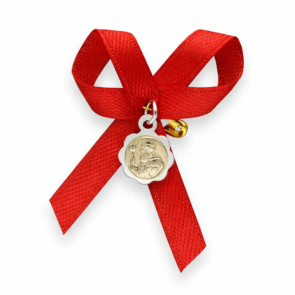 Medalla Plata 925 Con Oro San Benito Bebe Cinta Roja  2