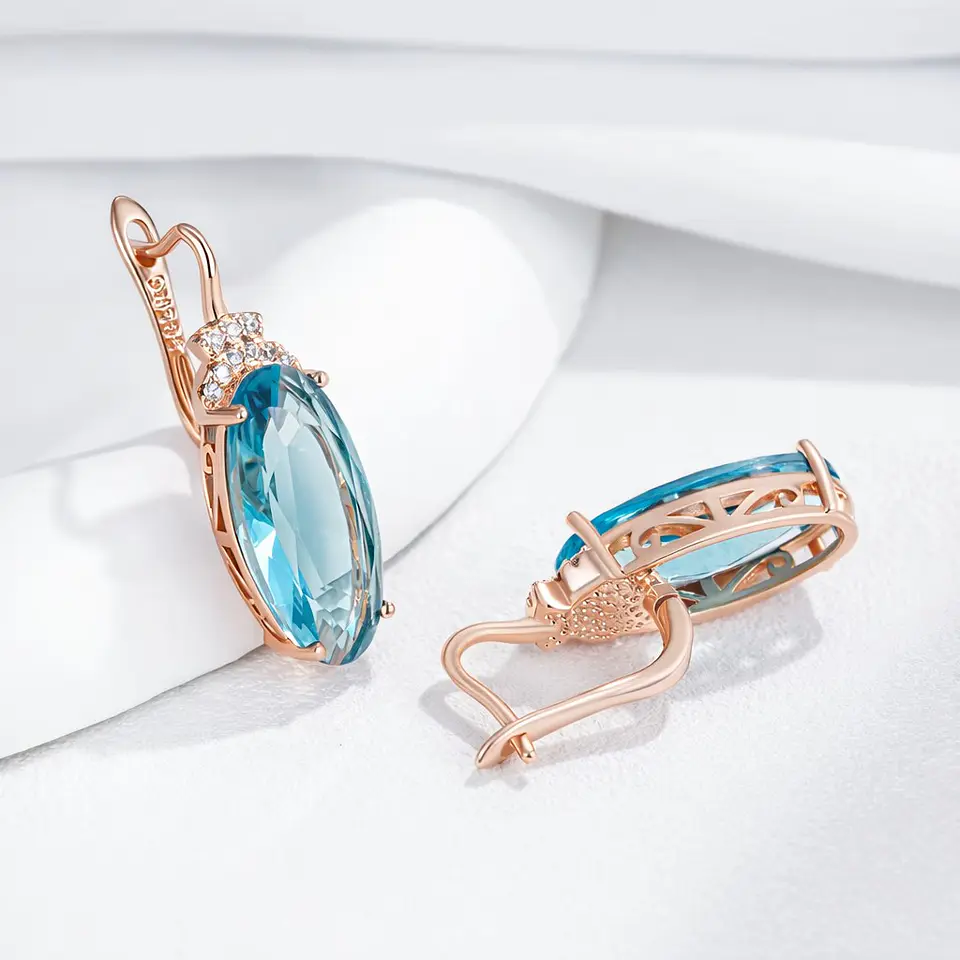 Aros Colgantes Cristal Azul y Circones Dorado Rosa 3