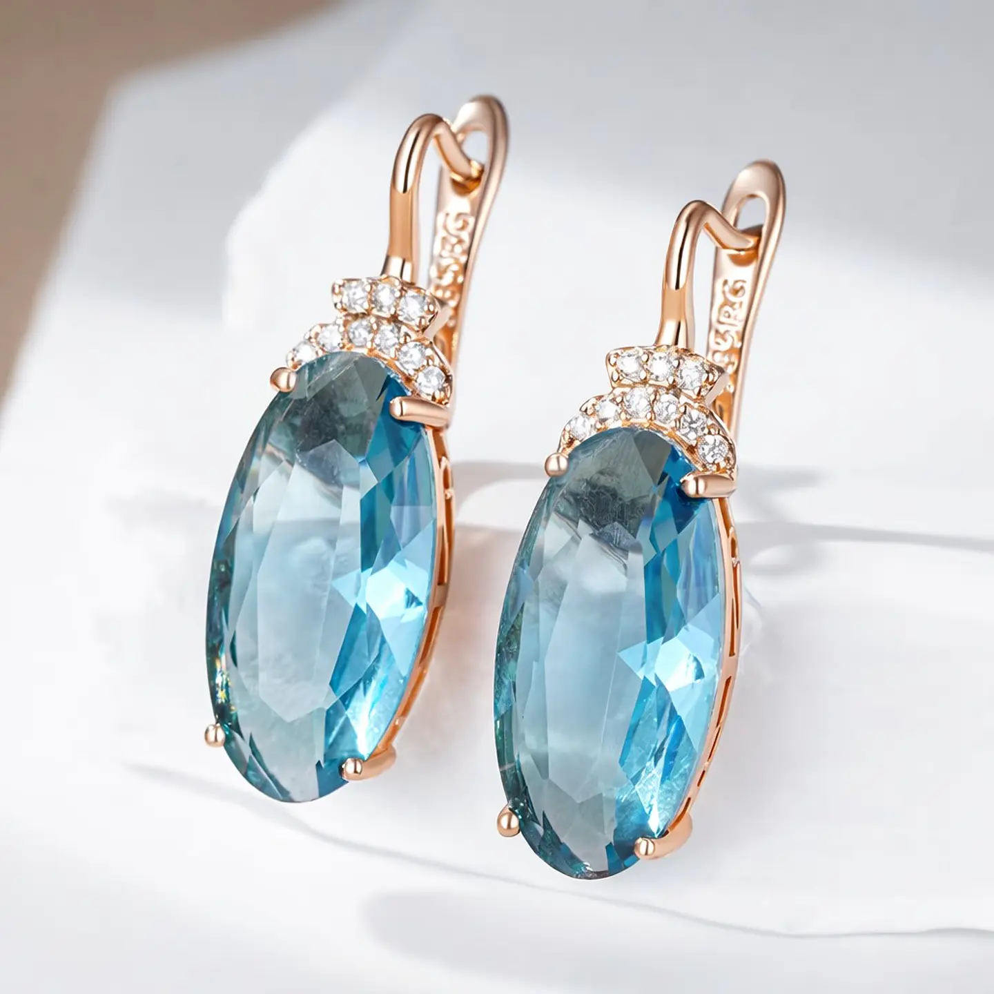 Aros Colgantes Cristal Azul y Circones Dorado Rosa 4