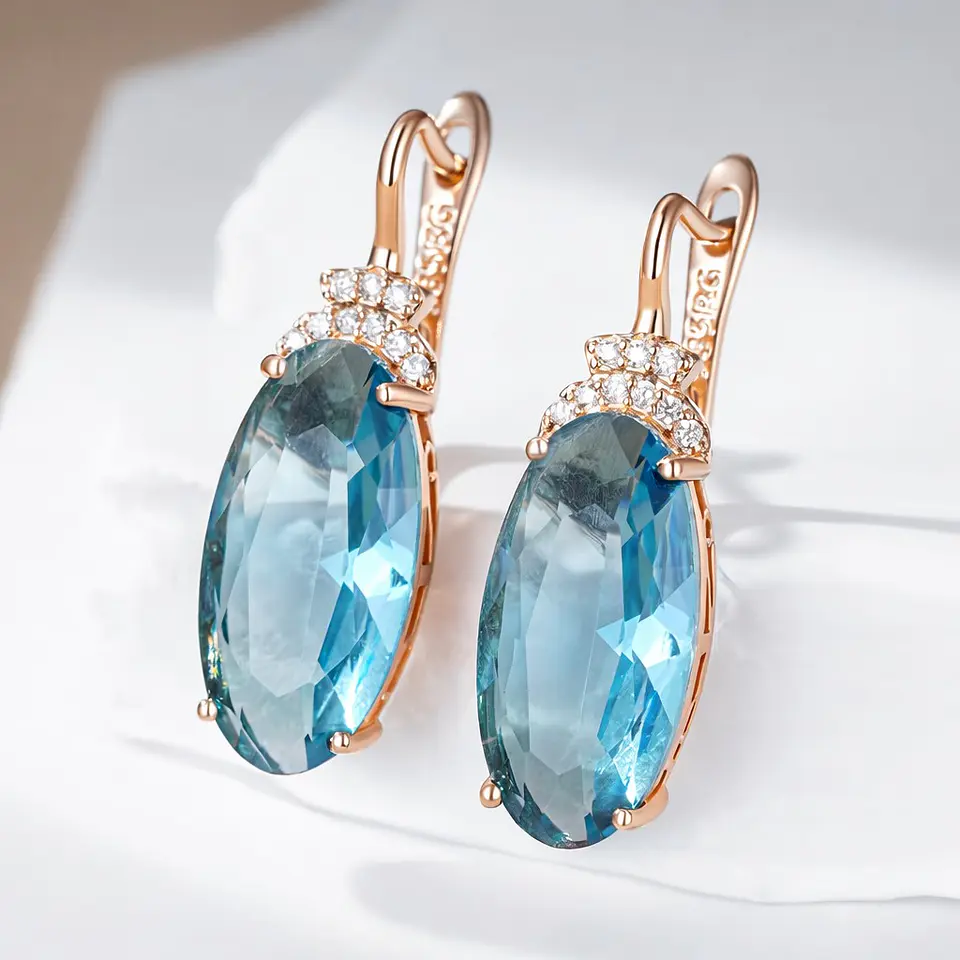 Aros Colgantes Cristal Azul y Circones Dorado Rosa 4