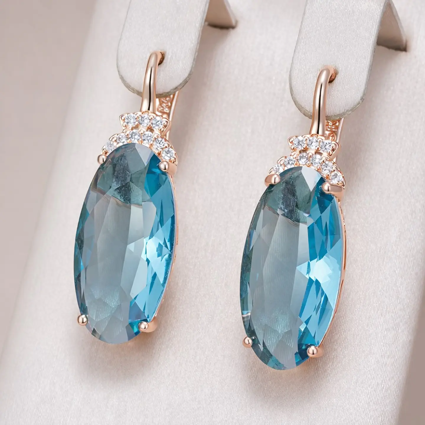 Aros Colgantes Cristal Azul y Circones Dorado Rosa 6