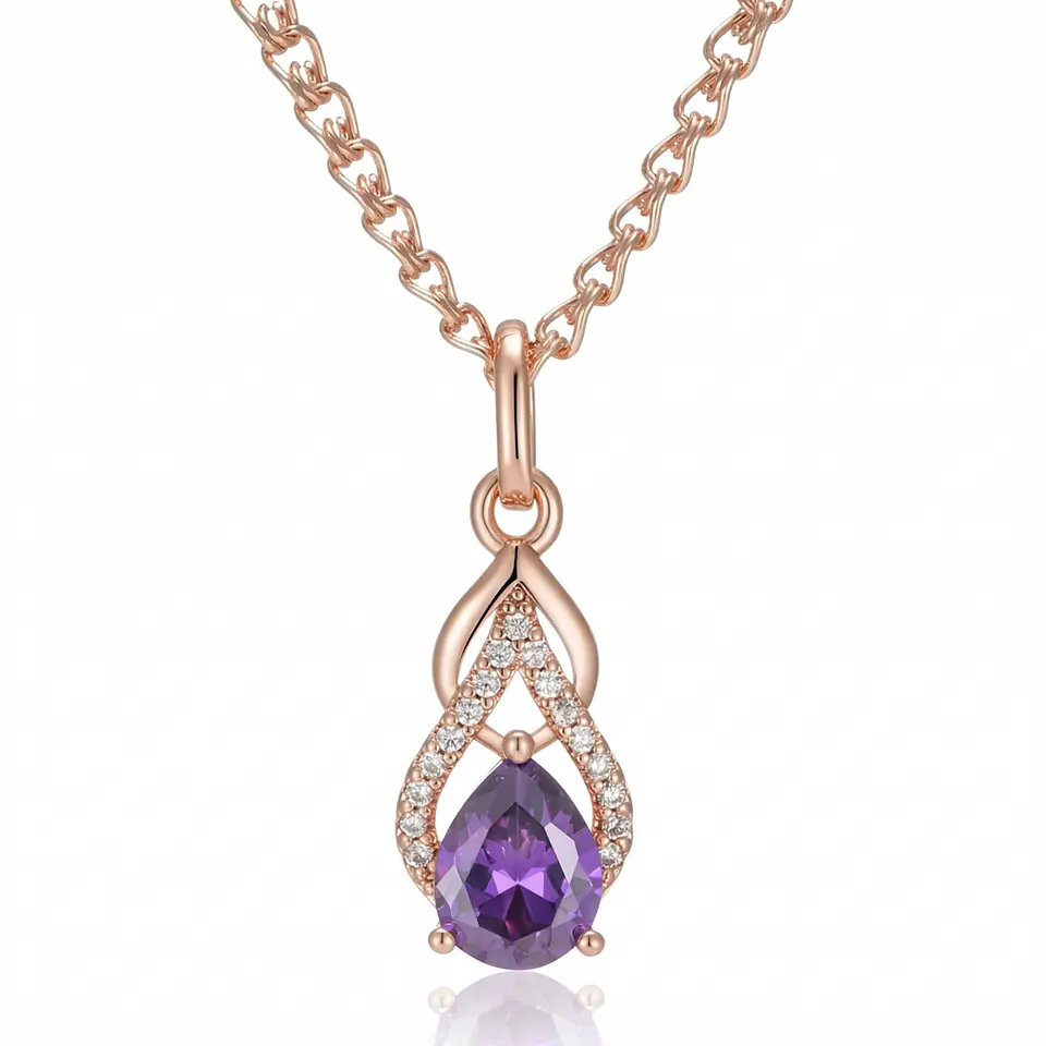Collar Gota Cristal Morado y Circones Dorado Rosa 1